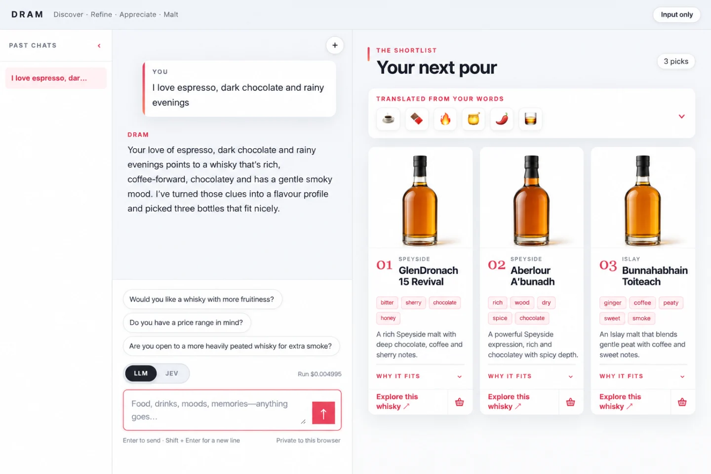 AI whisky recommender interface with a conversation and three personalised bottle suggestions